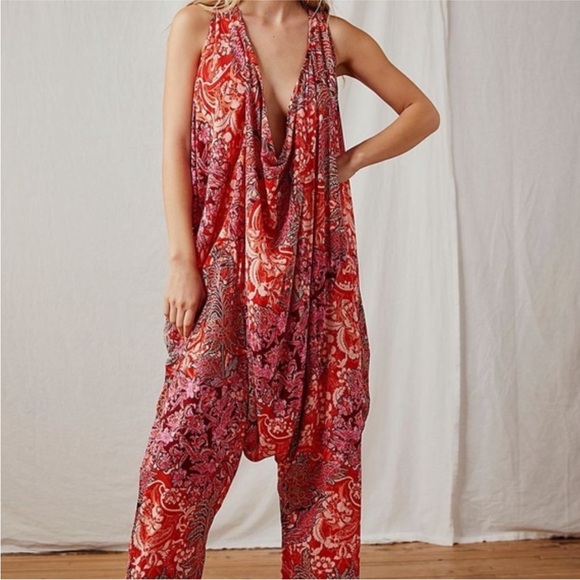 Free People Intimately Hot Pink and Red Floral Boho Harem Eazzzy Romper XS - Picture 3 of 11
